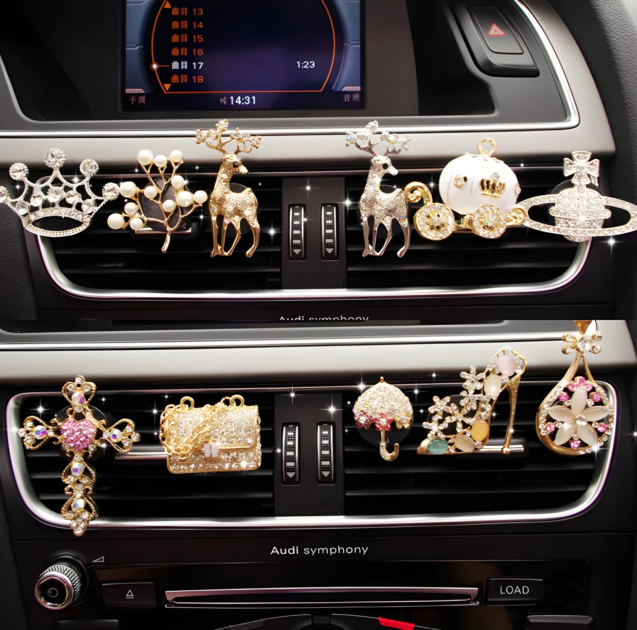 Alloy car fragrance clip with decorative charm attached to car air vent
