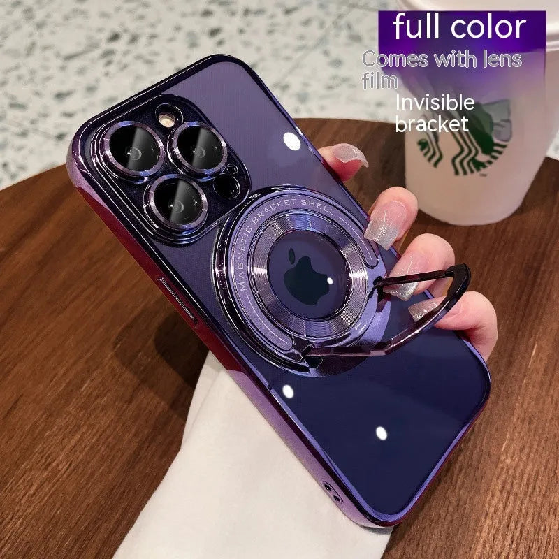 Transparent magnetic iPhone case with a silver pull-out bracket extended, showing dark purple iPhone inside.