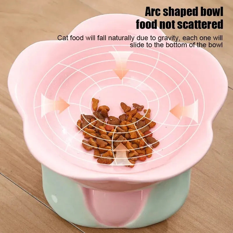 Ceramic raised pet bowl with floral pattern and non-slip base for cats and small dogs