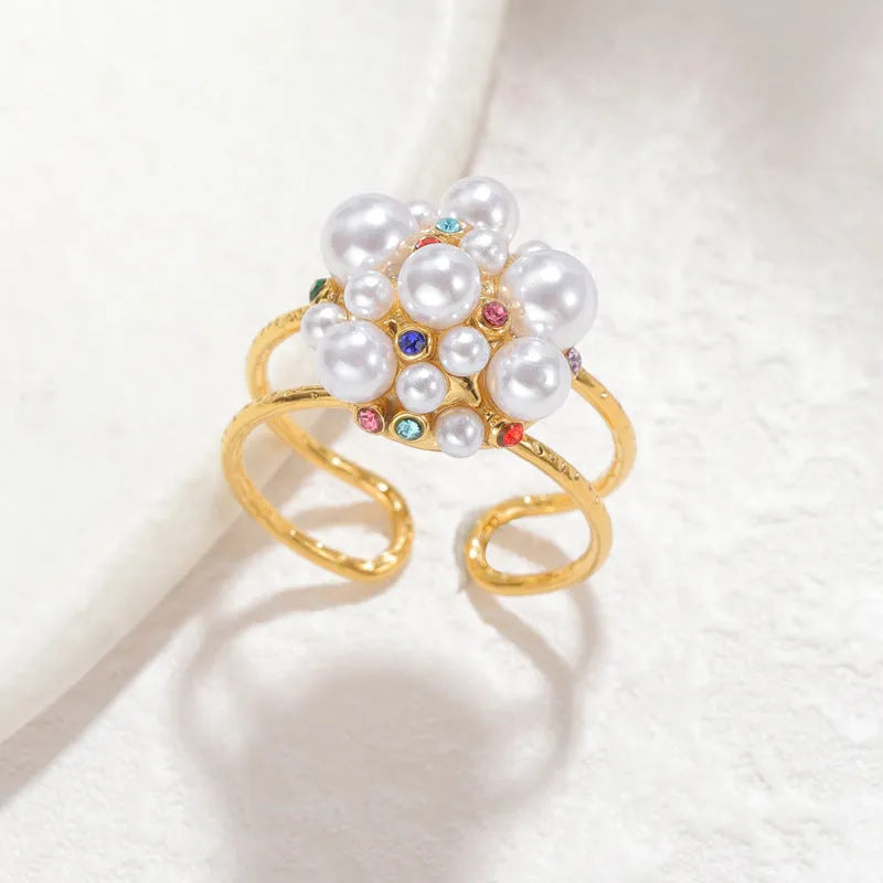 Pearl and zircon stainless steel open ring for women in heart or round design