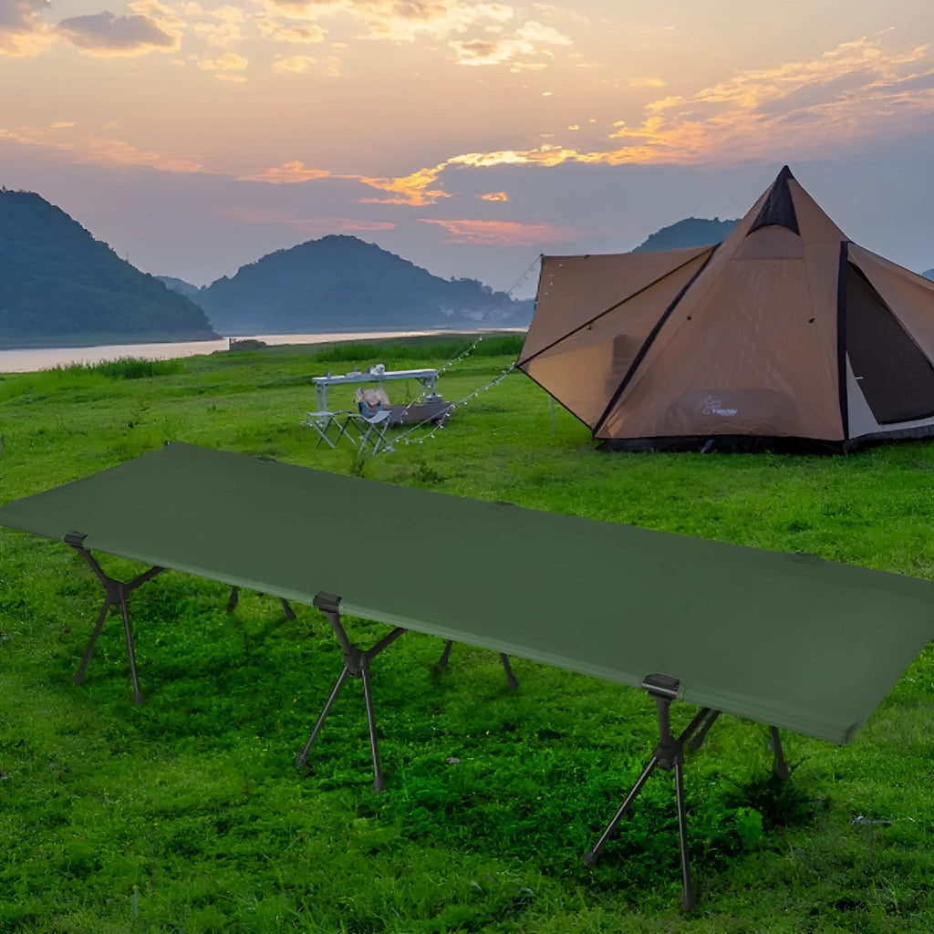 Portable folding bed in khaki colour showing folded and assembled configurations with storage bag