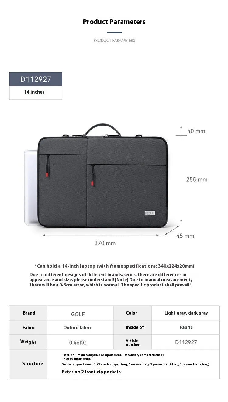 Men's 14-inch laptop sleeve bag in Oxford fabric, lightweight and shockproof, Dark Gray colour