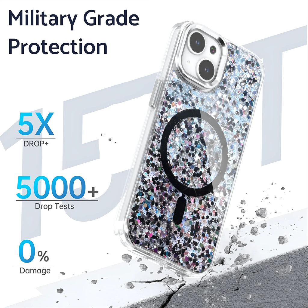 Creative Sequins Glitter Epoxy Magnetic Phone Case for Apple iPhone, transparent back with glitter, compatible with IP12-IP16 models