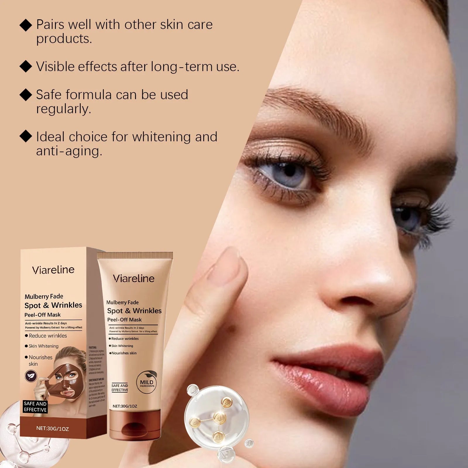 Single 30g sheet facial mask for fading wrinkles with collagen and arbutin.