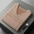 Men's striped V-neck sleeveless pure wool pullover in camel, loose fit thickened top