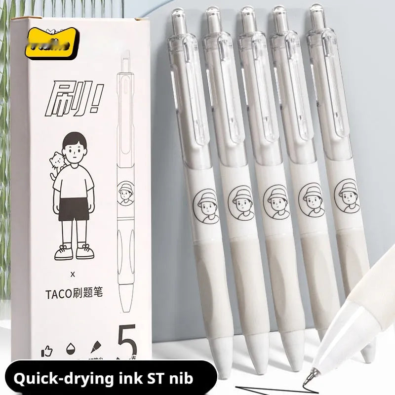 Five black Taco ballpoint pens with 0.5mm tips for student writing