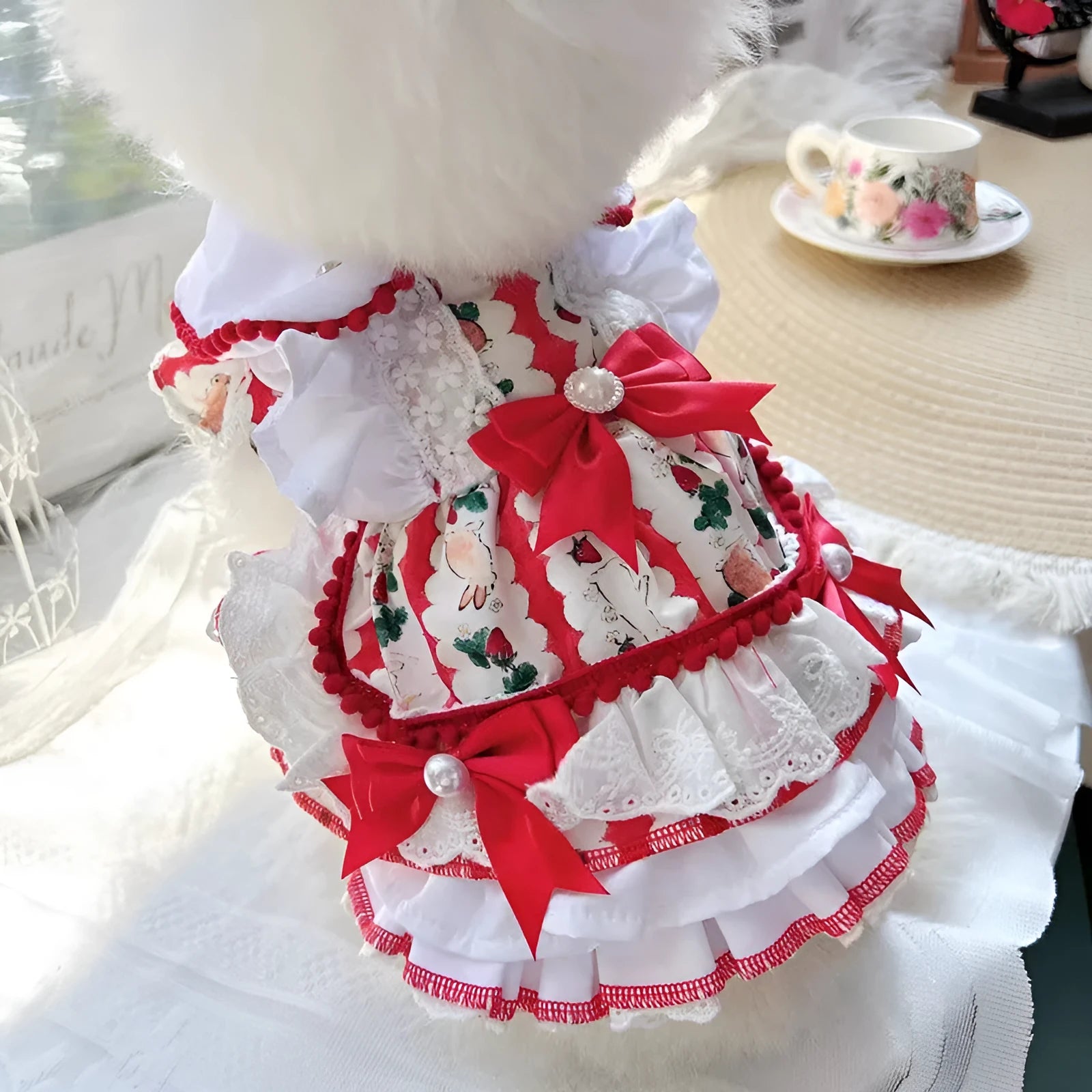 Polyester dog clothing in a rabbit skirt princess style, shown in multiple sizes for small pets.