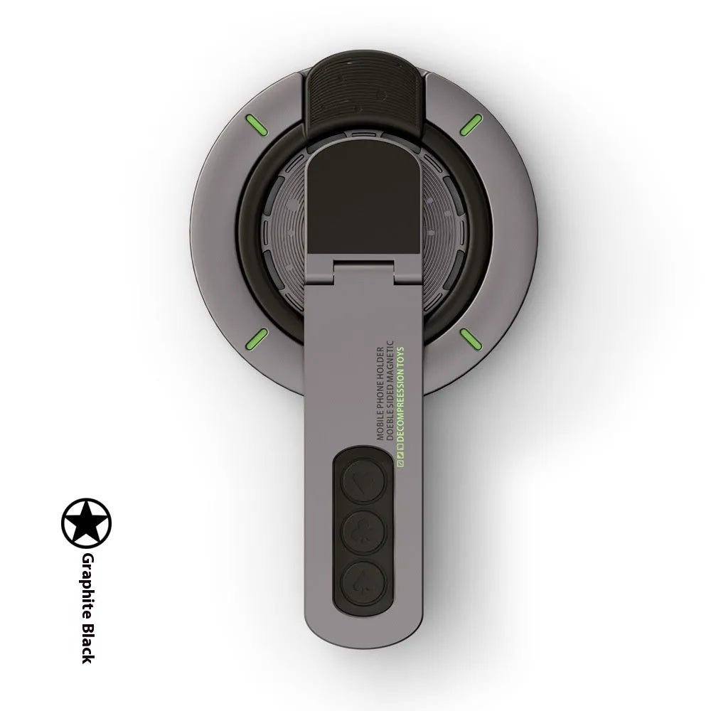 Double-sided magnetic decompression mobile phone ring bracket in Graphite Black showing ring extended