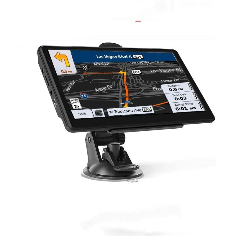 7-inch car GPS navigation device with touch screen showing map, includes bracket and car charger