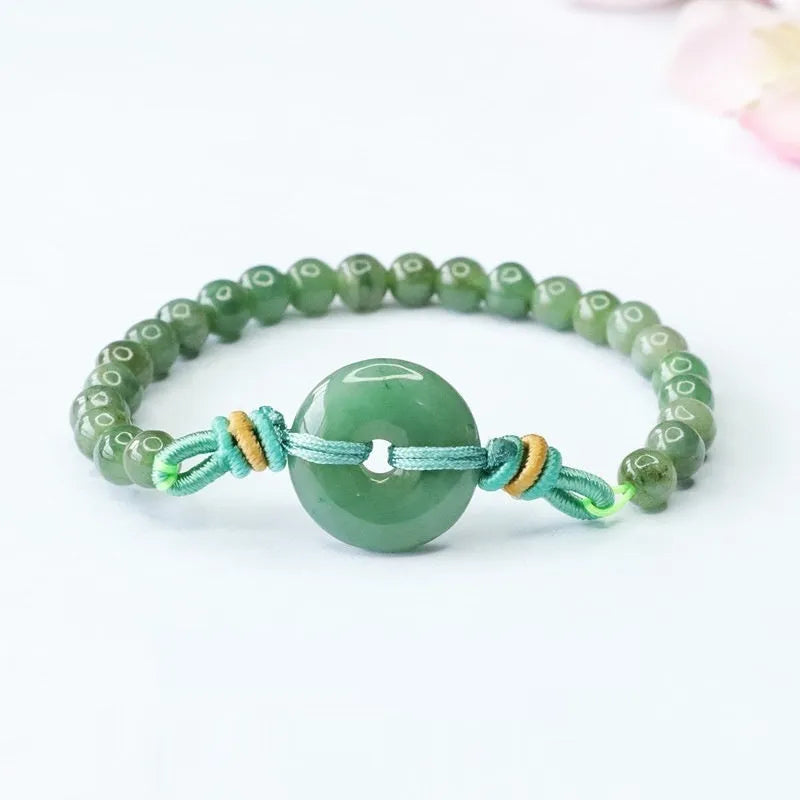 Natural emerald green jade bracelet with safety buckle and 6mm star-shaped beads