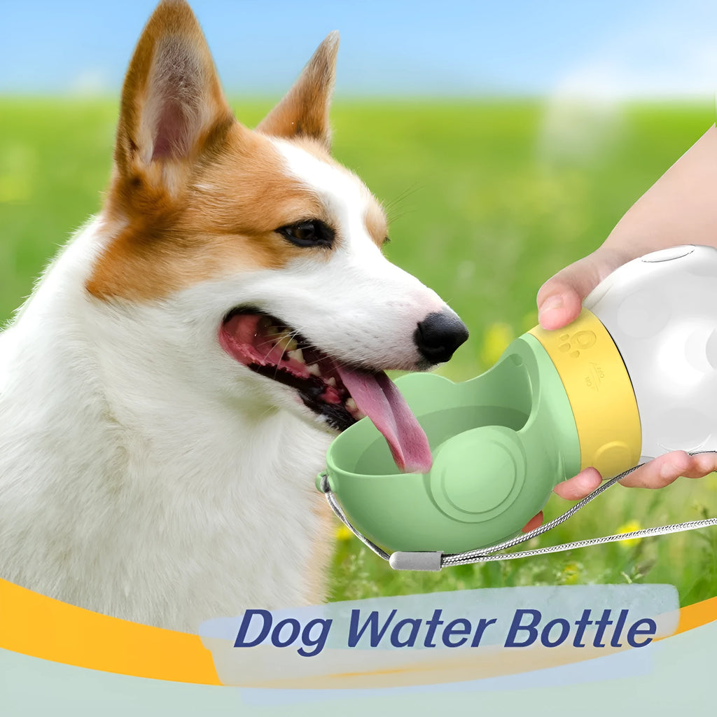 Portable dog water bottle with leak proof bowl and food storage in green, 380ml capacity