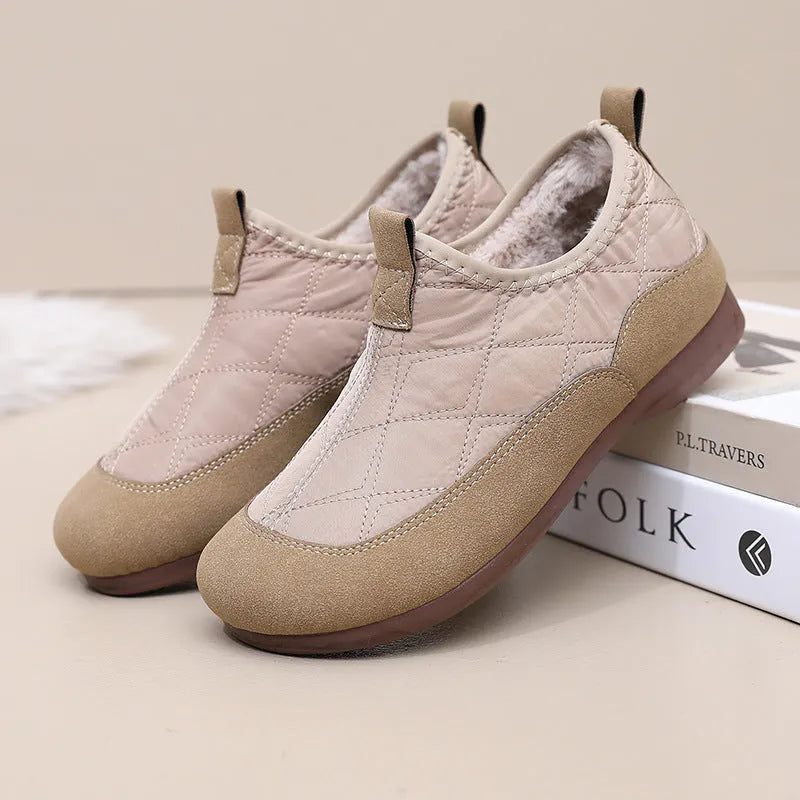 Women's winter slip-on shoes with plus velvet lining and flat PVC sole, available in khaki, apricot, and black.