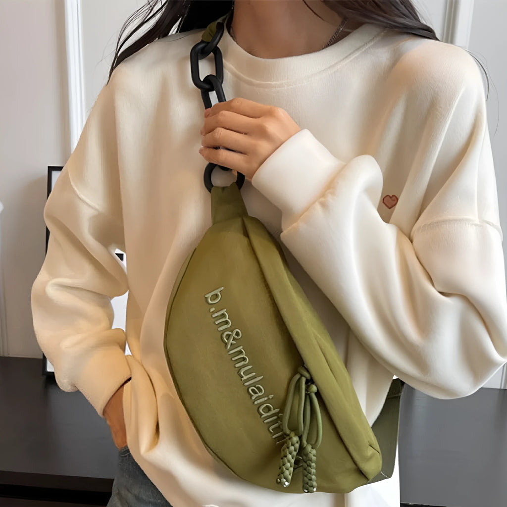 Fashion simple women's sports all-match shoulder bag in nylon with letter embroidery and chain detail