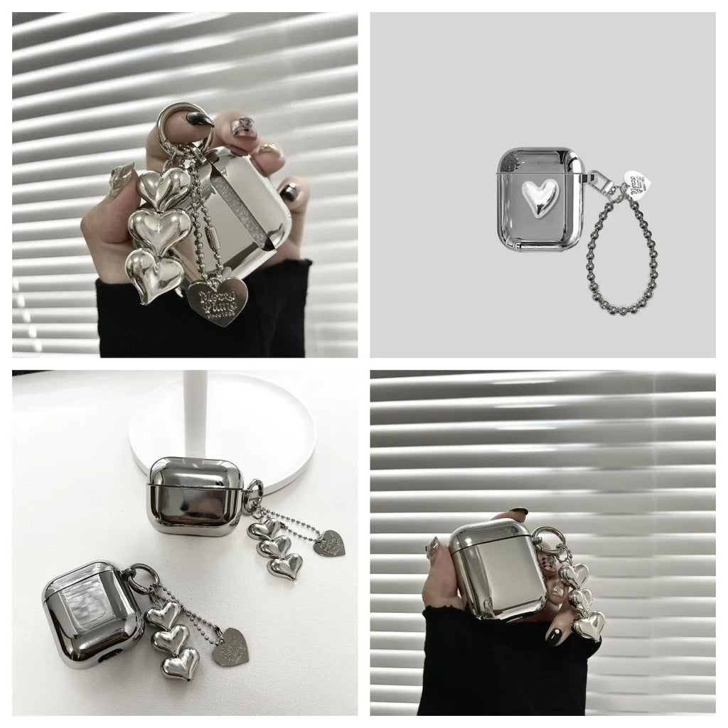 Electroplated solid colour heart pendant design TPU case for AirPods with a carrying chain attached