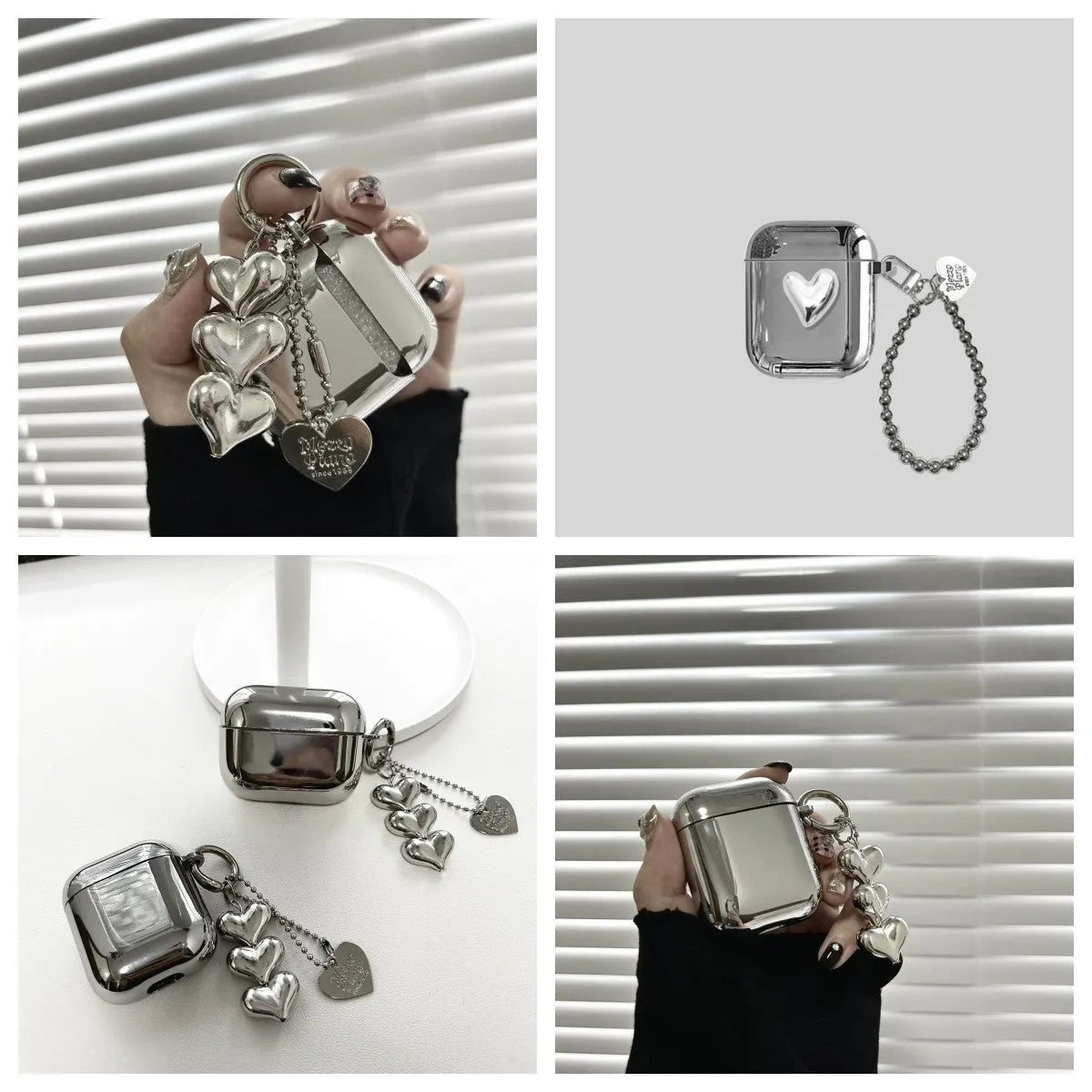 Electroplated solid colour heart pendant design TPU case for AirPods with a carrying chain attached