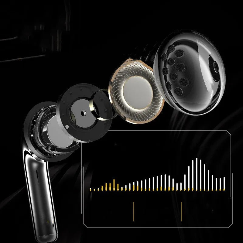 Black wireless semi-in-ear TWS earbuds in charging case with Type-C and wireless charging support