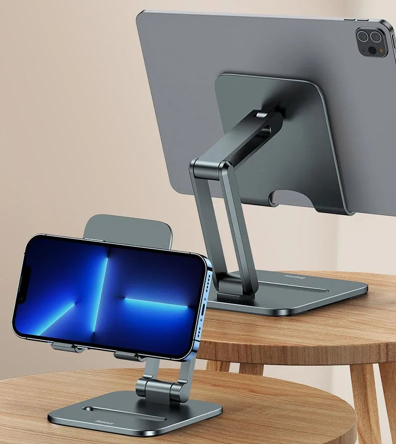 Deep space grey aluminium folding stand supporting a tablet at an angle