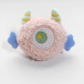 Plush cartoon-shaped dog chew toy with squeaker in assorted colours on white background