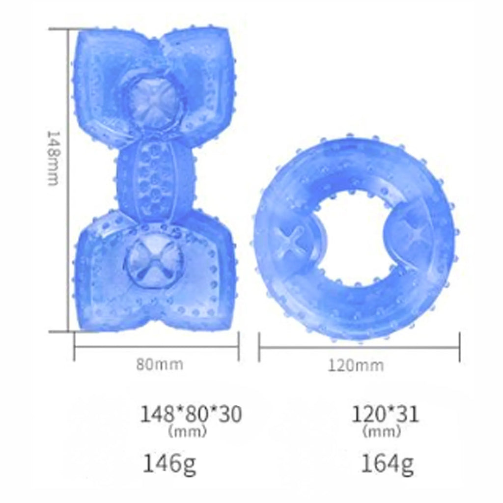 Freezable dog teething chew toy in bone and circle shapes on a blue background.
