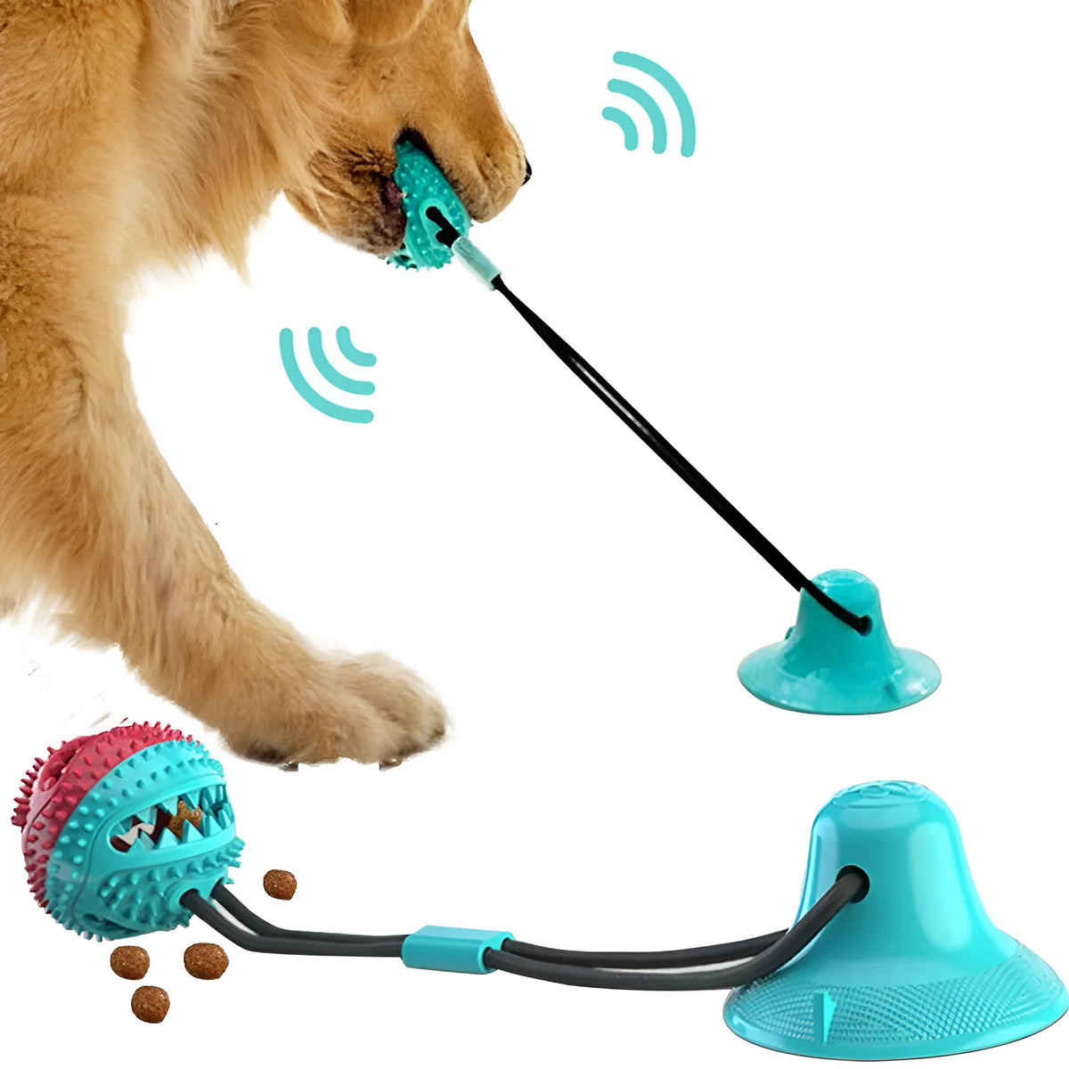 Silicone suction cup dog tug ball in red and blue for chew, tooth cleaning, and interactive play