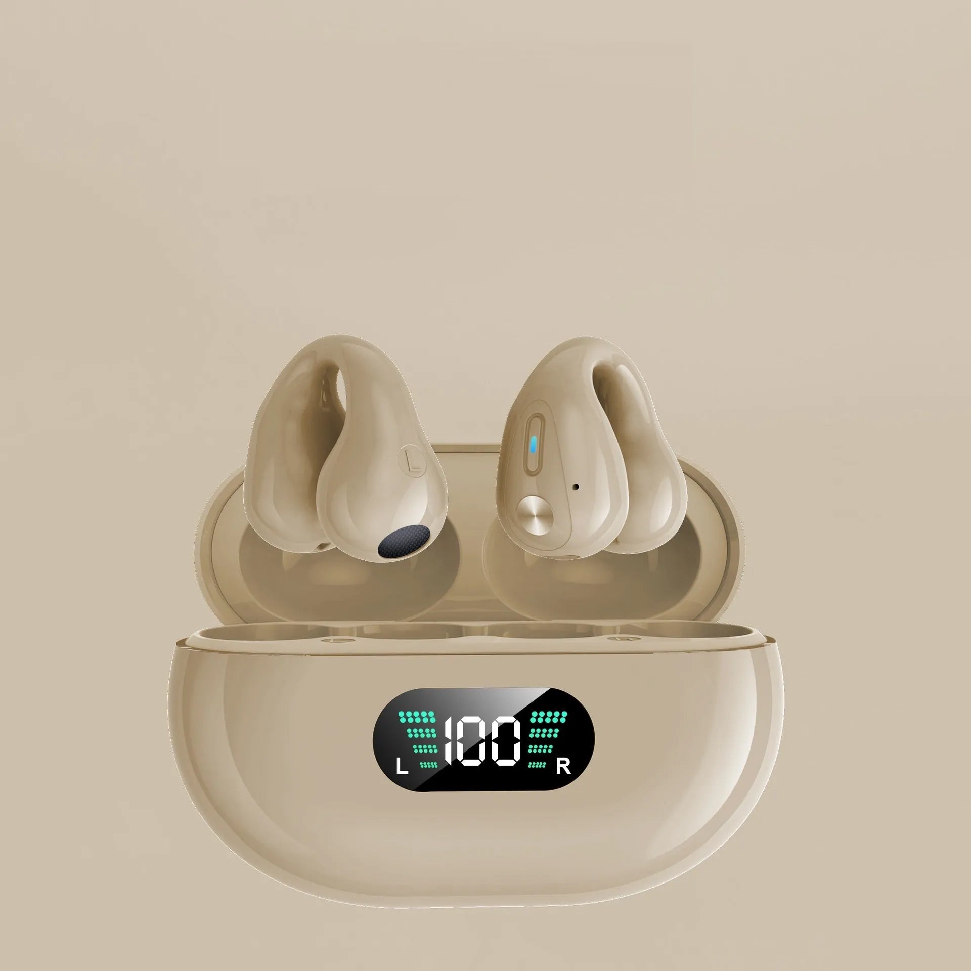 Bone conduction Bluetooth headset with ear clip design in black, white, or khaki colours