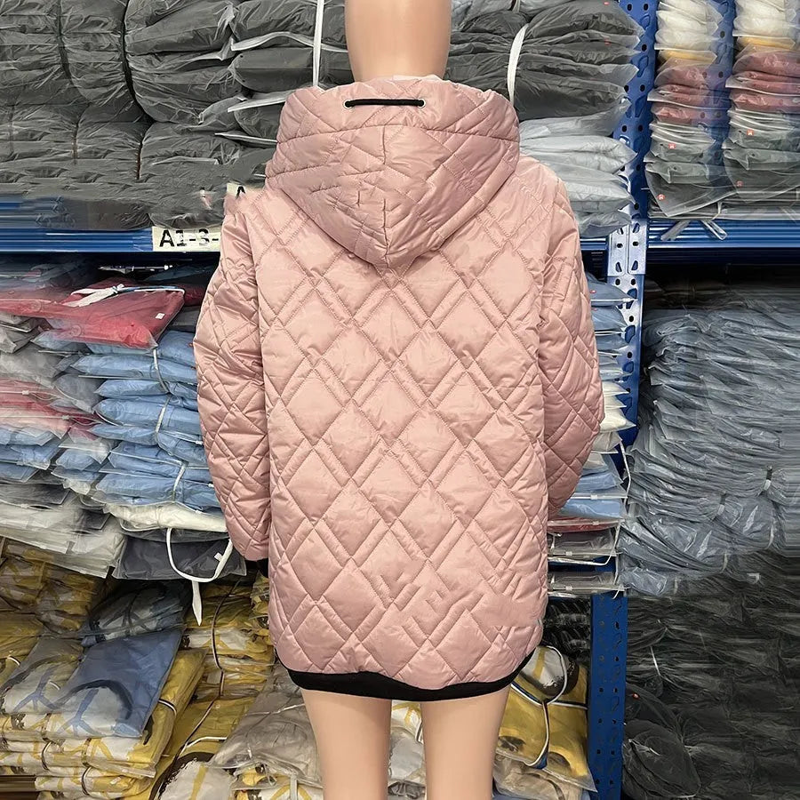 Women's pink cotton-blend hooded coat with long sleeves on a hanger