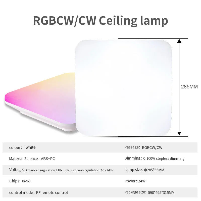 RGBCW full colour square ceiling light 24W with remote control and intelligent dimming, modern indoor ceiling fitting.