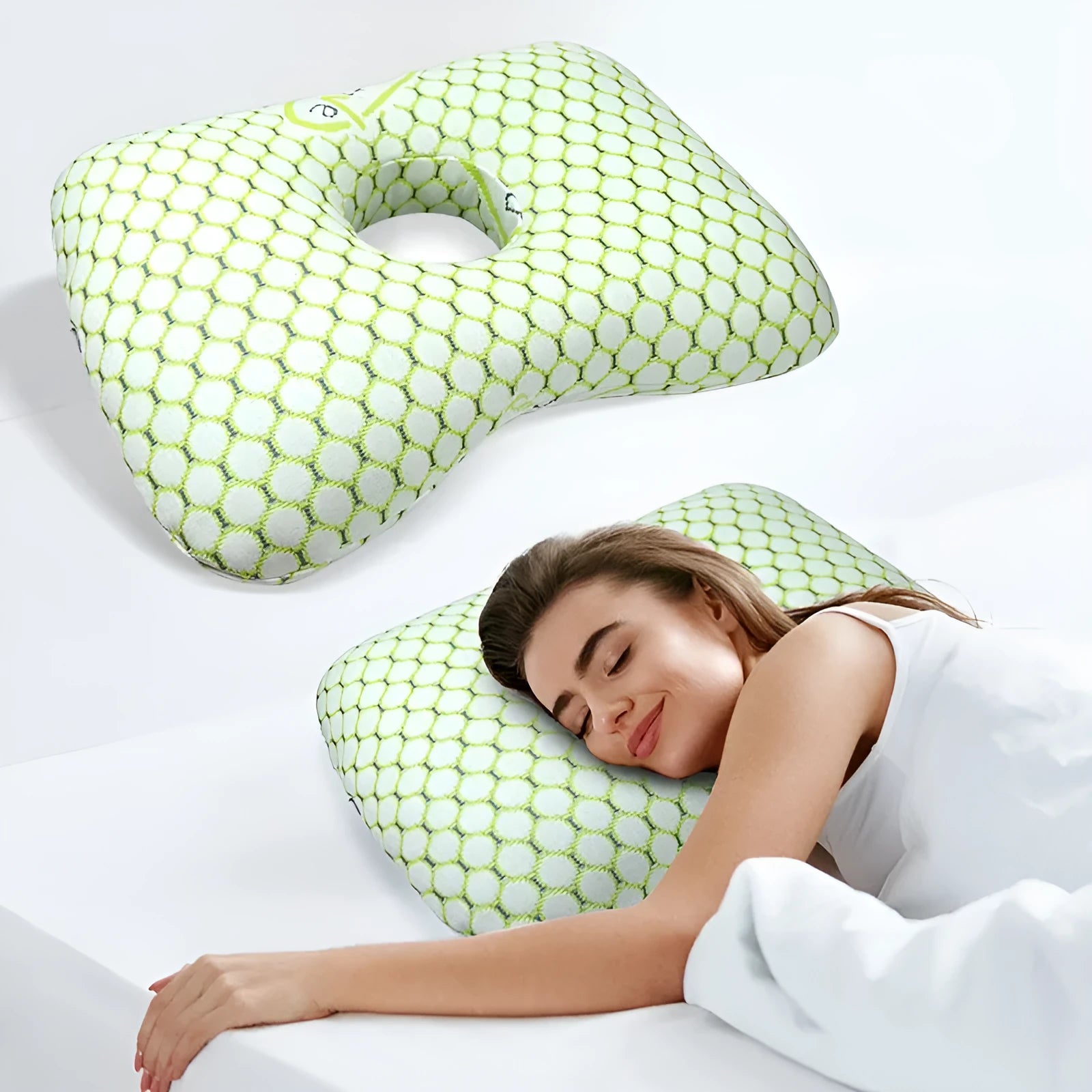 Single hole beauty salon ear pillow in plaid grey, showing dimensions and detachable cover feature