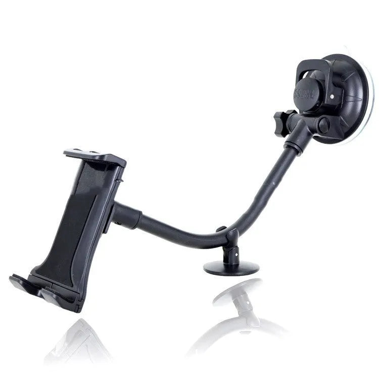 Black universal car tablet holder with long-rod suction cup for 4-12 inch devices.