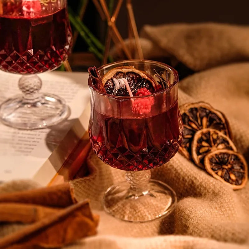 Glass goblet aromatherapy candle with French mulled wine style and jelly crystal design