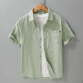 Mens loose pure cotton short-sleeved shirt in a light khaki colour, cardigan style.