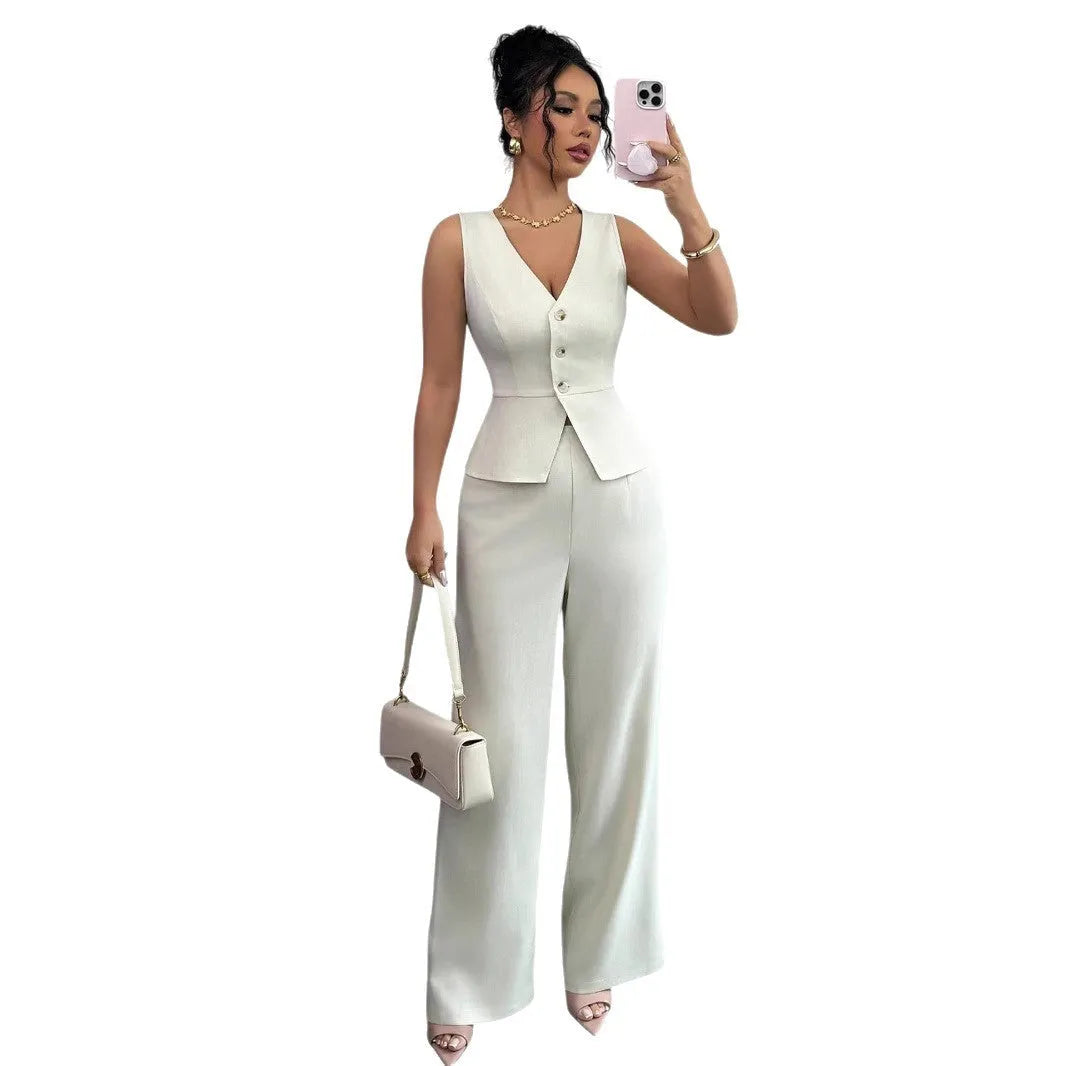 Women's casual two-piece set with sleeveless vest and high-waist trousers in solid colours