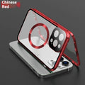 Magnetic metal iPhone case in black with shockproof design for iPhone 14, 15 and 16 models.