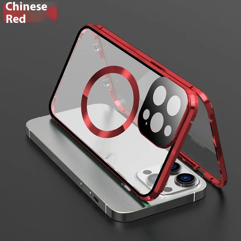 Magnetic metal iPhone case in black with shockproof design for iPhone 14, 15 and 16 models.