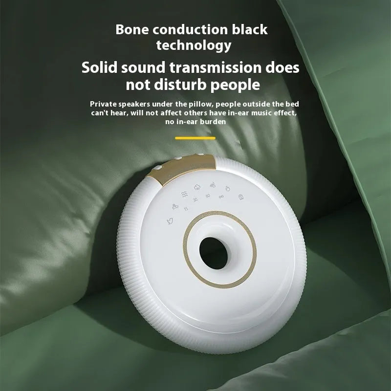 Bone conduction Bluetooth speaker mini in white, 80x80x13mm, with seven white noise tracks and Type-C charging