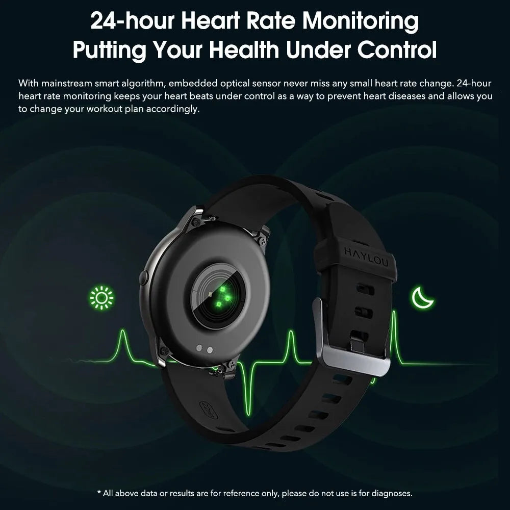 Haylou LS05 Black smart watch with 1.28 inch TFT screen, round 45.3mm alloy case, silicone band, heart rate and sleep monitor