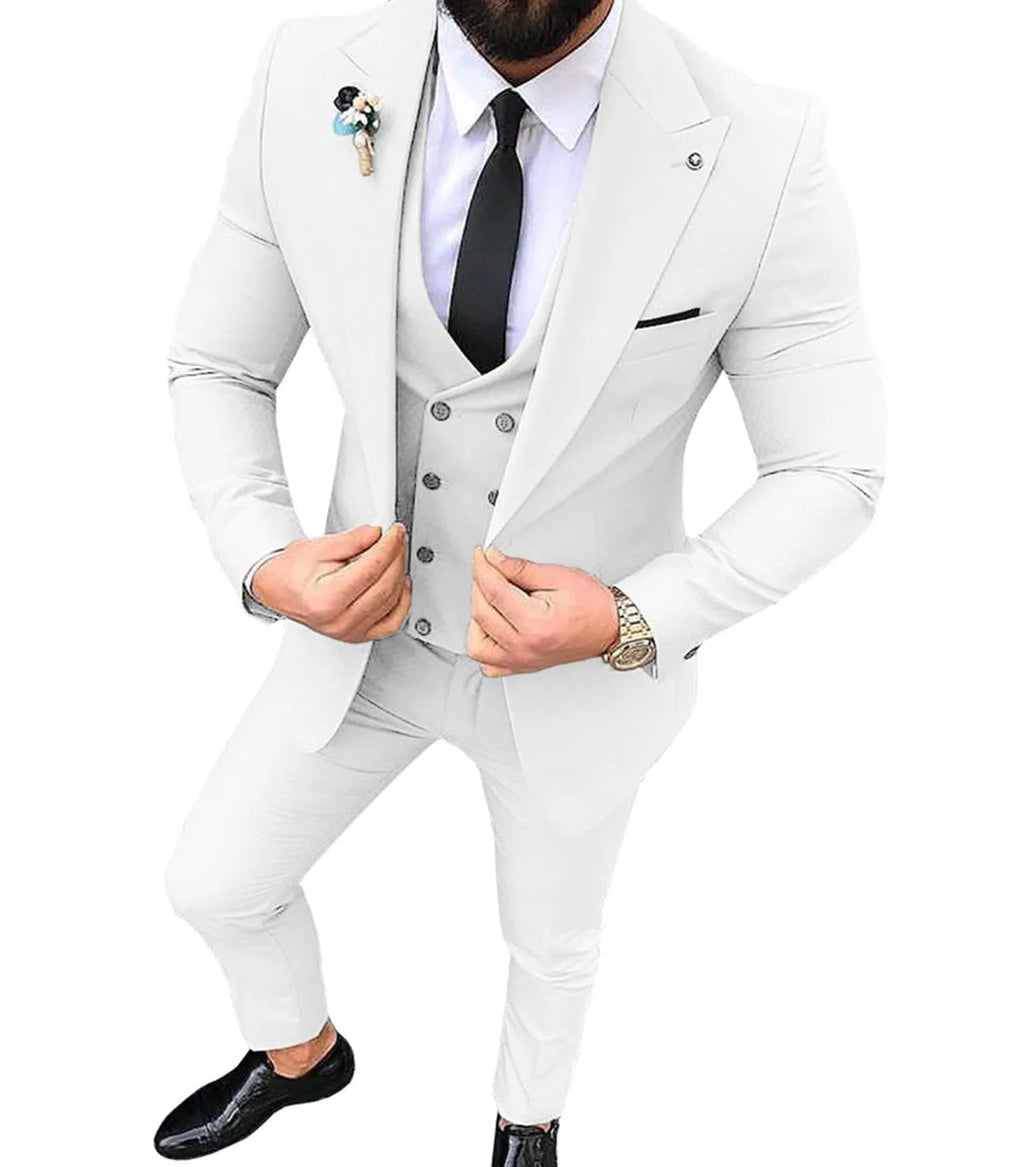 Men's slim fit three-piece suit set in cotton, jacket vest and trousers, available in various colours and sizes XS to 5XL.