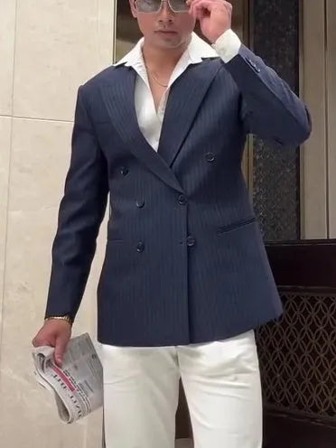 Men's striped double breasted blazer with regular fit on mannequin