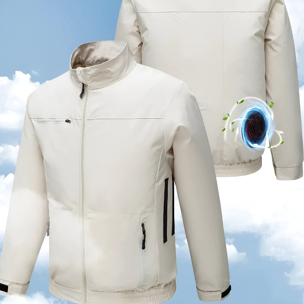 Men's black cooling jacket with four fan holes on the back for outdoor summer work.