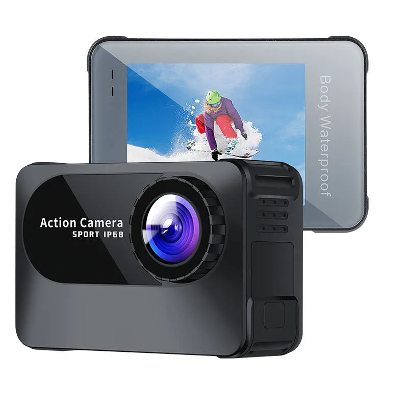 Black outdoor sports camera with touch screen, measuring 66x44x31mm with 170 degree wide angle lens