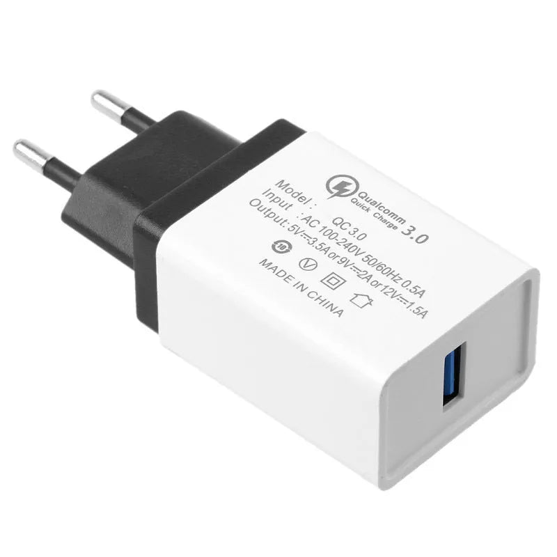 Single port QC3.0 fast travel charger in multiple colour options with American and European plug choices