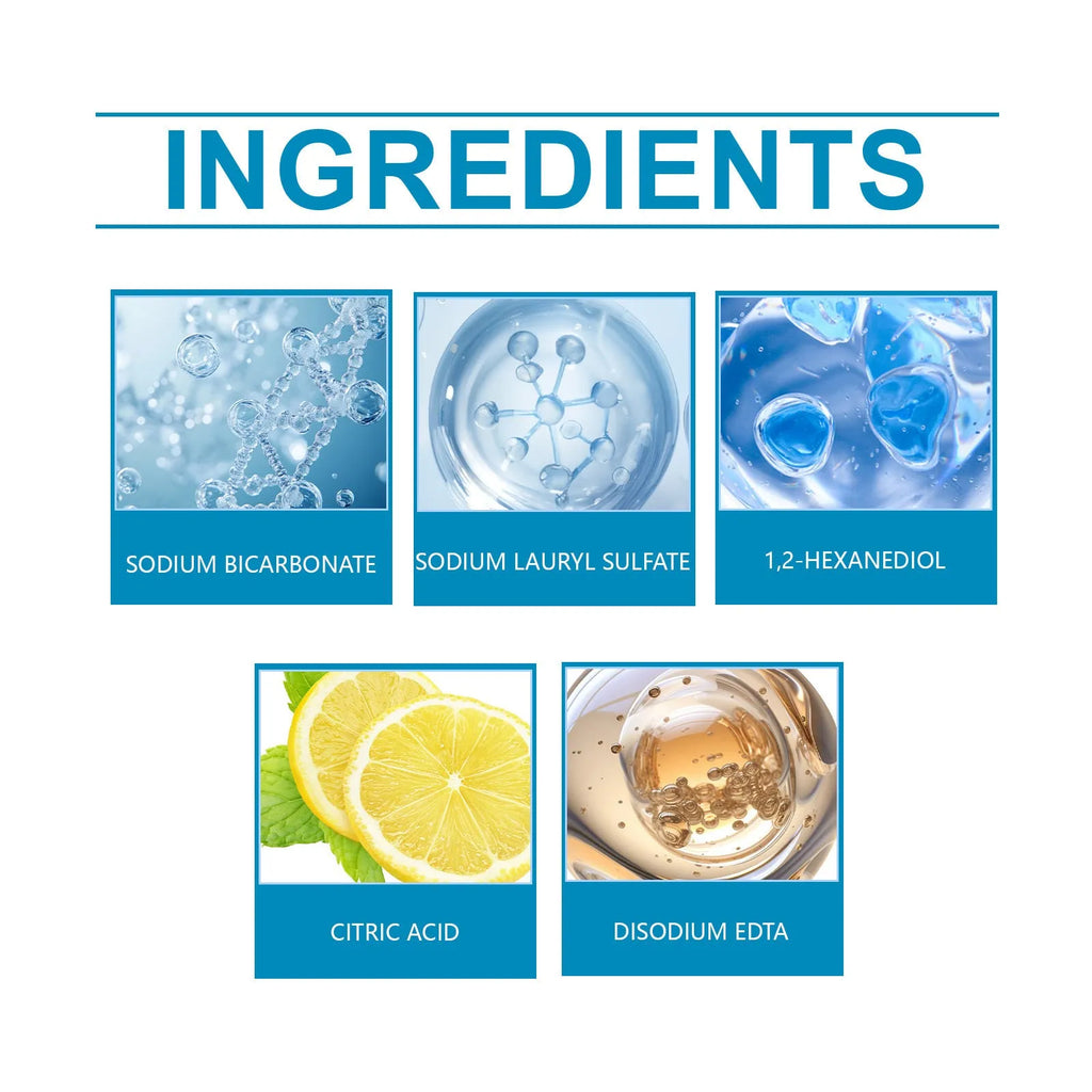 Four sachets of toilet cleaning powder showing 30g portions with sodium bicarbonate and citric acid ingredients