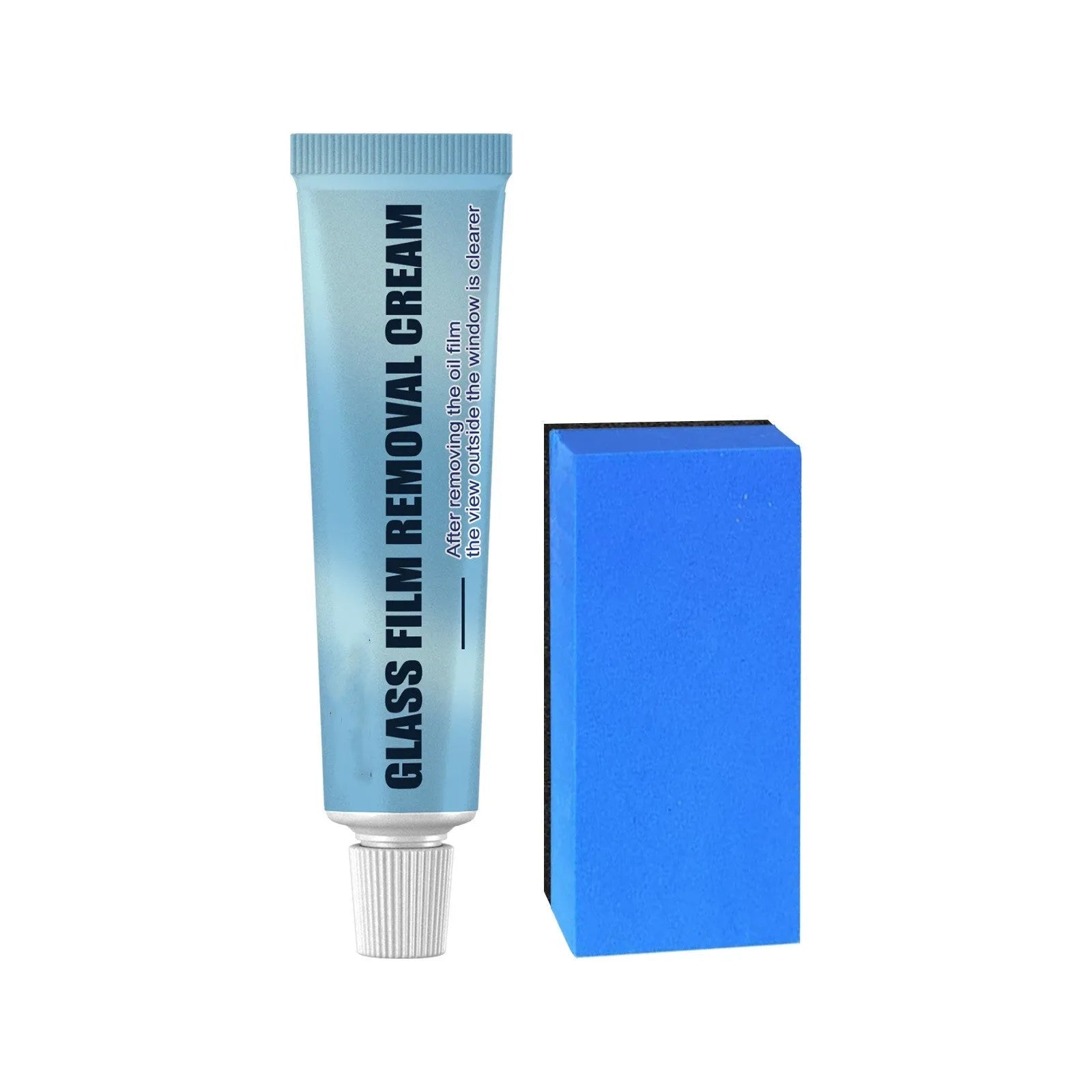 Blue car glass oil film remover pot and soft sponge applicator for cleaning windshields and windows.
