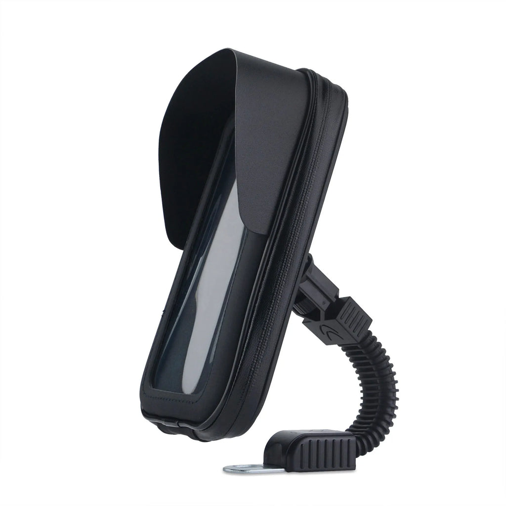 Black bicycle-mounted waterproof phone bag attached to handlebars with 6.5-inch phone capacity