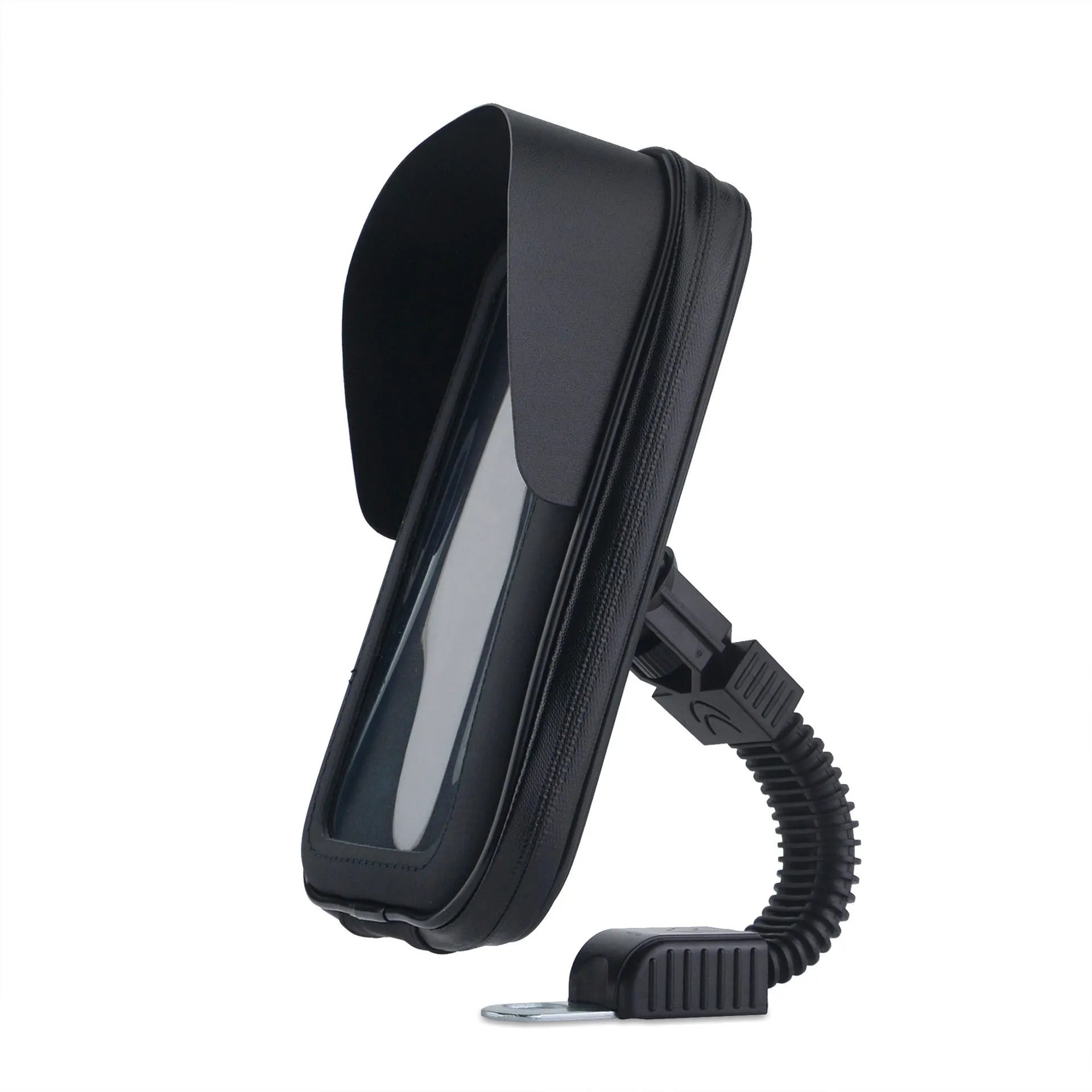 Black bicycle-mounted waterproof phone bag attached to handlebars with 6.5-inch phone capacity