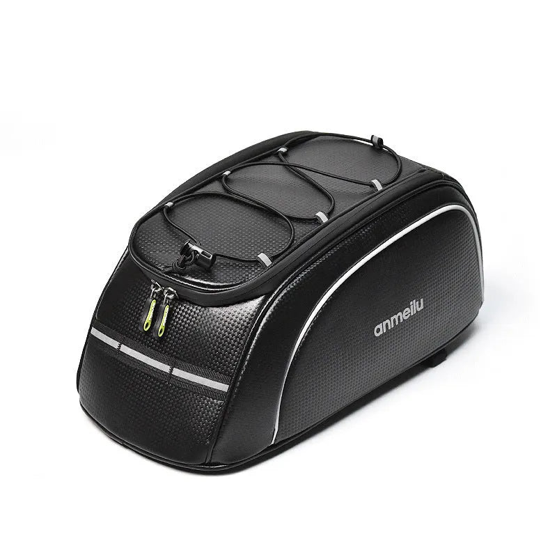 Waterproof black bicycle rear rack bag mounted on bike with 8-litre capacity