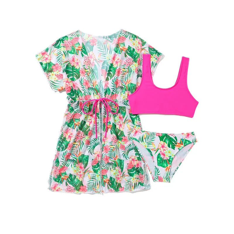 Girls' floral pattern two-piece swimsuit with polyester fabric in briefs style