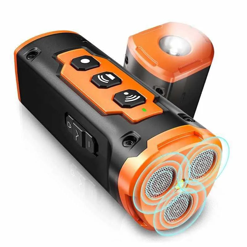 XP30 three-head ultrasonic dog repellent in black orange plastic housing with USB port and hanging rope