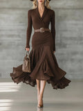 Stitching V-neck long-sleeve dress long skirt in solid dark brown with asymmetric hem