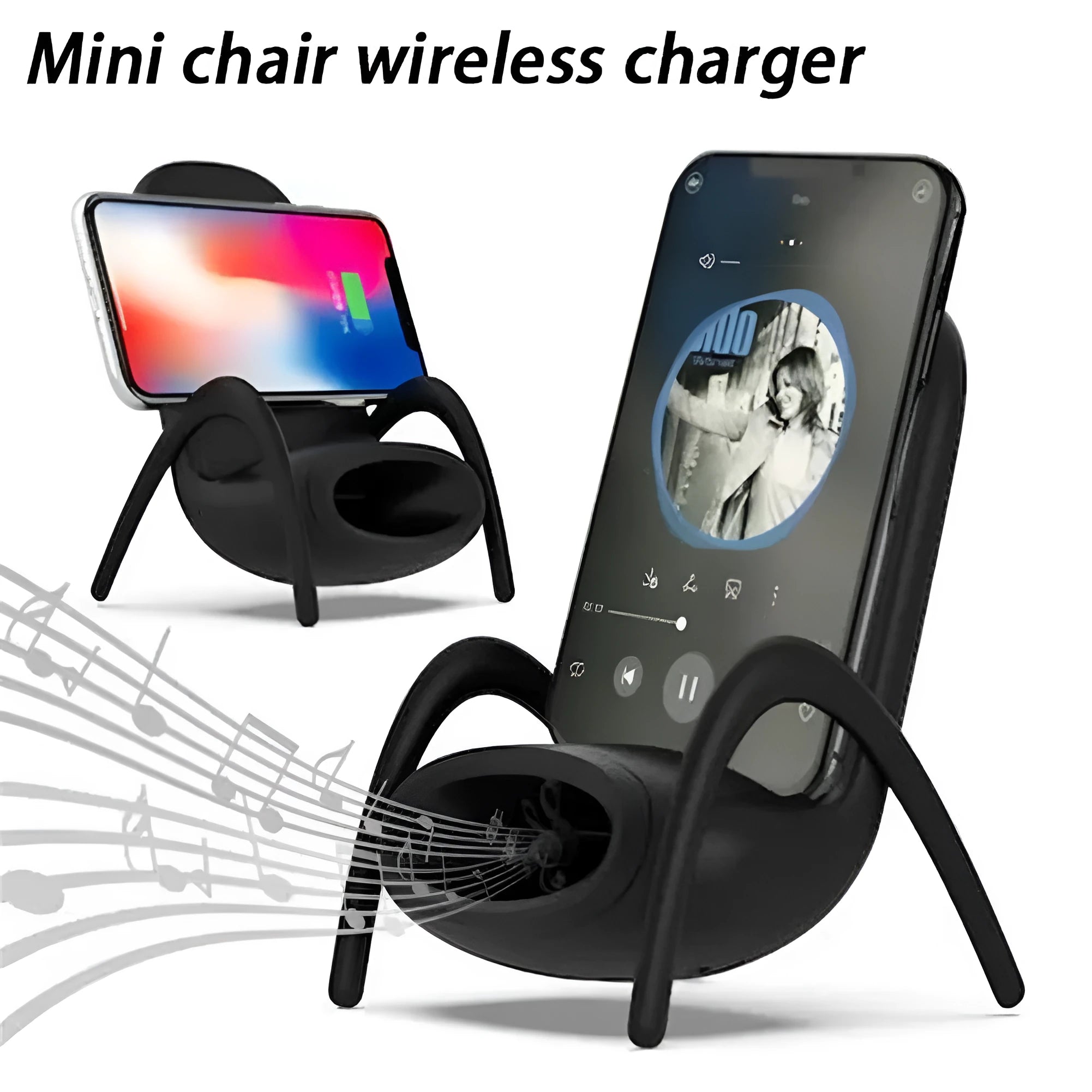 White mini chair shaped wireless charging stand holding smartphone with cable connection
